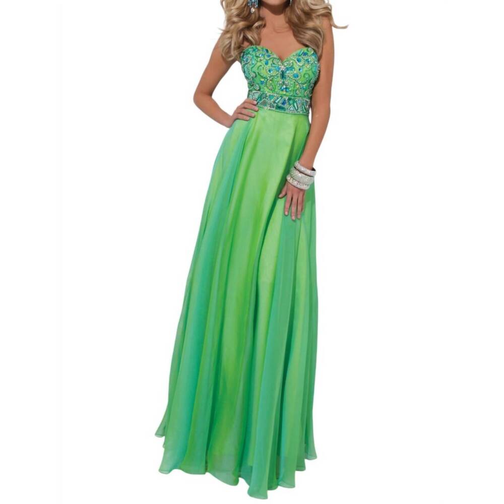 NEW TONY BOWLS two tone chiffon strapless gown in green